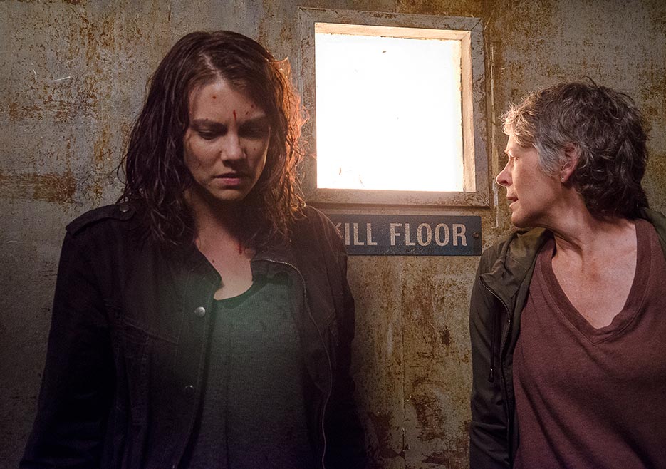 Maggie Green (Lauren Cohan) and Carol Peletier (Melissa McBride) on the kill floor.